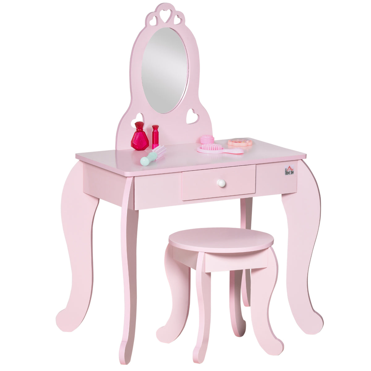 Coiffeuse Enfant Design Girly avec Motifs à Coeur - Tabouret Inclus - dim. 60L x 36l x 88H cm - tiroir, Miroir - MDF - Rose