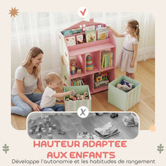 Meuble rangement enfant, bibliothèque enfants avec étagères ouvertes et 2 tiroirs en tissu, MDF, rose