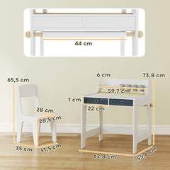 Bureau enfant avec chaise, table enfant et chaise avec 2 tiroirs en tissu et porte-gobelet, 62,8x55,6x73,8cm, blanc