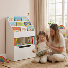 Bibliothèque étagère Multi-Rangement 3 étagères 2 niches Grand tiroir en bois Blanc