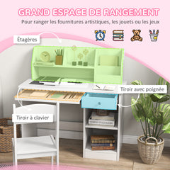 Bureau enfant avec chaise ergonomique avec clavier coulissant tiroir niches et étagères ouvertes 90 x 45 x 90 cm blanc