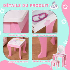 Coiffeuse Enfant Design Licorne - Tabouret Inclus - dim. 49L x 34l x 90H cm - tiroir, Miroir - MDF - Rose Blanc