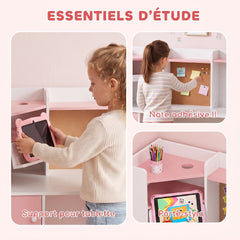 Bureau Enfant avec Chaise, Table d'Étude, Support de Tablette Réglable, Porte-Stylos, Panneau en Liège, 5-12 ans, Rose
