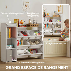 Meuble rangement enfant 3 à 8 ans, rangement jouets enfant avec 8 bacs amovibles, étagères de rangement, placard, blanc