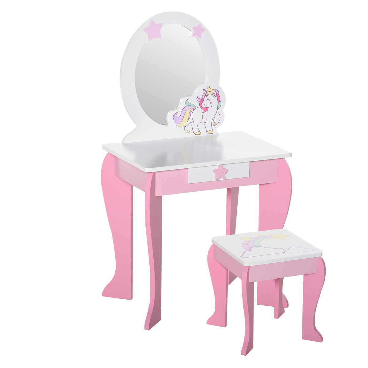 Coiffeuse Enfant Design Licorne - Tabouret Inclus - dim. 49L x 34l x 90H cm - tiroir, Miroir - MDF - Rose Blanc