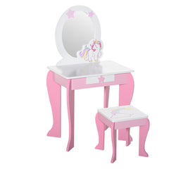 Coiffeuse Enfant Design Licorne - Tabouret Inclus - dim. 49L x 34l x 90H cm - tiroir, Miroir - MDF - Rose Blanc