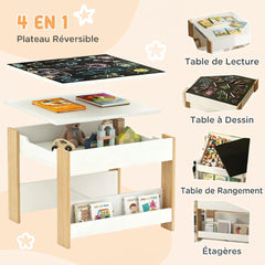 Ensemble 3 pièces table et 2 chaises pour enfant avec plateau réversible tableau noir, panier de rangement, étagères