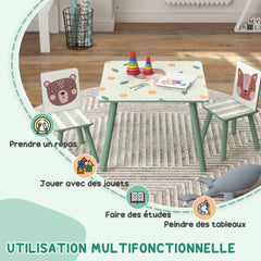Table et 2 chaises pour enfants 3-8 ans ensemble 3 pièces motif animaux pour chambre à coucher salle de jeux vert