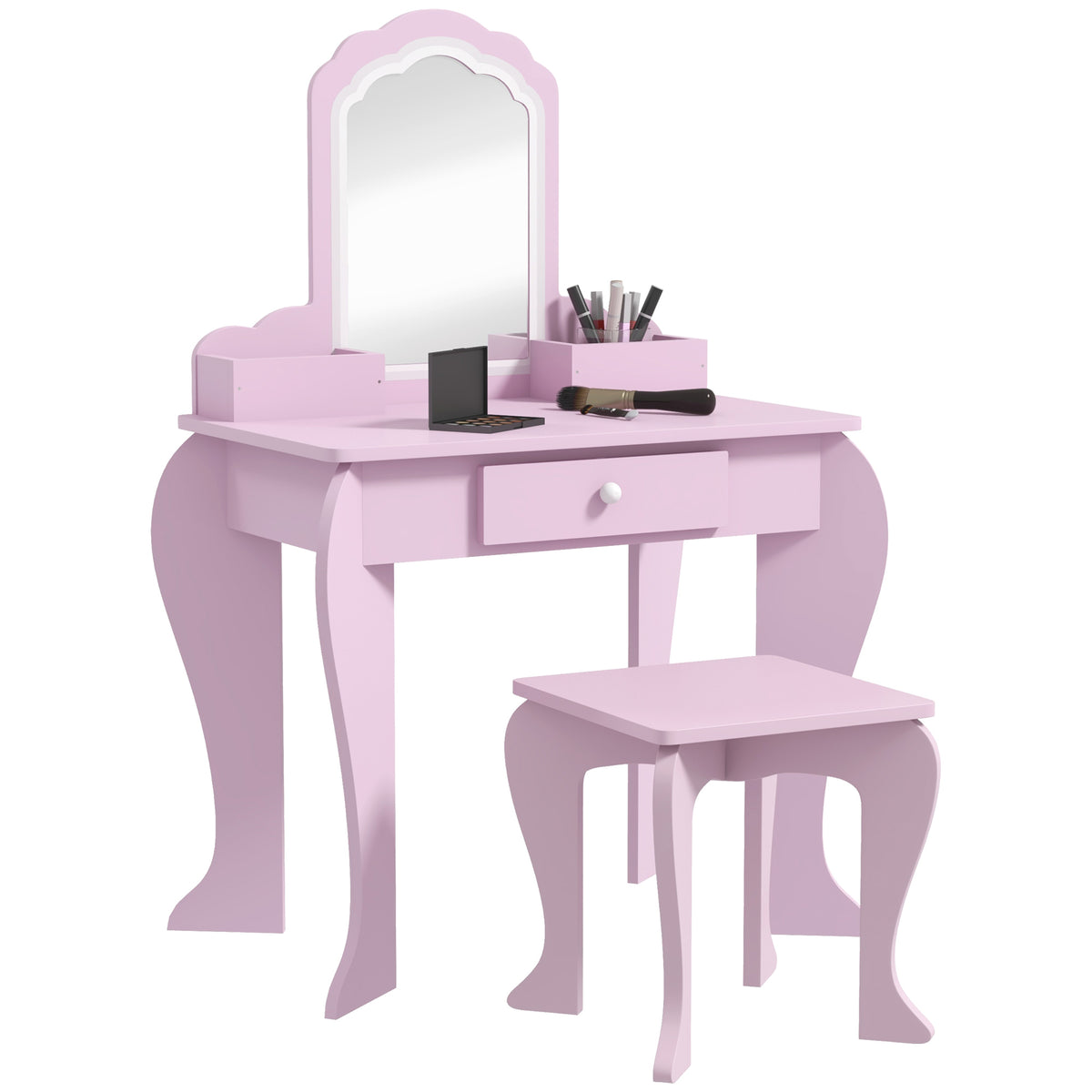 Coiffeuse pour enfant avec tabouret et miroir, table de maquillage avec tiroir et 2 compartiments, 55x36x86cm, rose