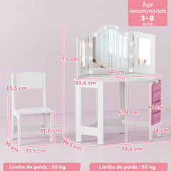 Coiffeuse enfant 2 en 1 avec tabouret miroir triptyque et lumières LED bicolores  93,6 x 48,5 x 111,5 cm blanc