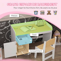 Bureau enfant avec chaise, table enfant avec tiroir, placard et large plateau, pour 3 à 6 ans, 80 x 39 x 59 cm, blanc