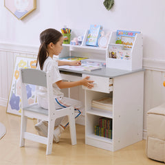 Bureau enfant avec chaise ergonomique avec clavier coulissant tiroir niches et étagères ouvertes 90 x 45 x 90 cm gris
