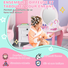 Coiffeuse Enfant Design Licorne - Tabouret Inclus - dim. 49L x 34l x 90H cm - tiroir, Miroir - MDF - Rose Blanc