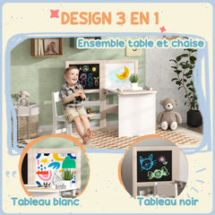 Table enfant avec chaise 3 en 1 avec chevalet pliable étagères de rangement, rouleau de papier - 3 à 8 ans, blanc