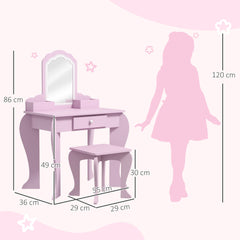 Coiffeuse pour enfant avec tabouret et miroir, table de maquillage avec tiroir et 2 compartiments, 55x36x86cm, rose