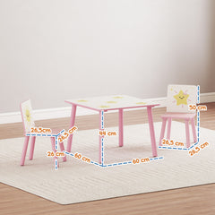 Table enfant avec chaise, ensemble table et 2 chaises enfant en bois, motifs d'étoile, 60 x 60 x 44 cm, rose