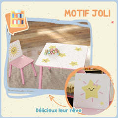 Table enfant avec chaise, ensemble table et 2 chaises enfant en bois, motifs d'étoile, 60 x 60 x 44 cm, rose