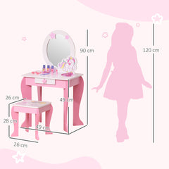 Coiffeuse Enfant Design Licorne - Tabouret Inclus - dim. 49L x 34l x 90H cm - tiroir, Miroir - MDF - Rose Blanc