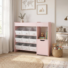 Meuble rangement enfant étagère de rangement pour jouets enfants avec 9 tiroirs en tissu et placard, rose