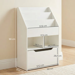 Bibliothèque étagère Multi-Rangement 3 étagères 2 niches Grand tiroir en bois Blanc