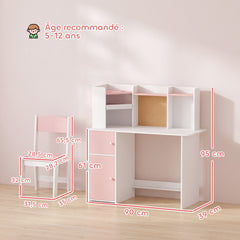 Bureau Enfant avec Chaise, Table d'Étude, Support de Tablette Réglable, Porte-Stylos, Panneau en Liège, 5-12 ans, Rose