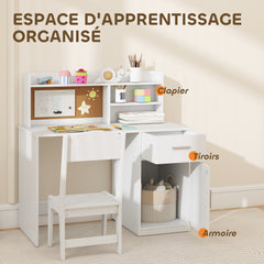 Bureau enfant avec chaise, table enfant et chaise, tiroir, placard, compartiments ouverts, tableau en liège, blanc