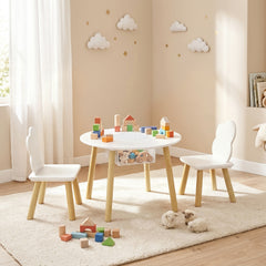 Table enfant avec chaise, ensemble table et 2 chaises en bois avec sac de rangement pour dessiner, jouer, étudier, blanc