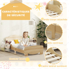 Lit enfant 70x140 cm avec barrières de sécurité thème d'ours pour garçons, filles, âgés de 3 à 6 ans, bois naturel