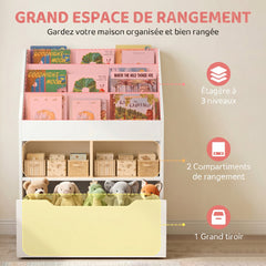Bibliothèque étagère Multi-Rangement 3 étagères 2 niches Grand tiroir en bois Blanc