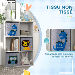 Meuble étagère bibliothèque 6 cases 3 cubes paniers en tissu motif animaux pour chambre enfant 62 x 30 x 91,5 cm blanc