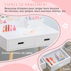 Coiffeuse enfant table de maquillage avec tabouret miroir et 2 tiroirs 3 à 6 ans 60 x 40 x 95 cm blanc et bois