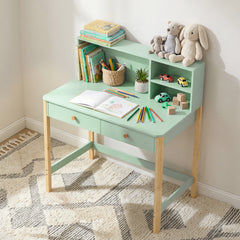 Bureau enfant en bois, bureau avec rangement, 2 tiroirs et 3 compartiments ouverts, plateau large, 90x52x105cm, vert