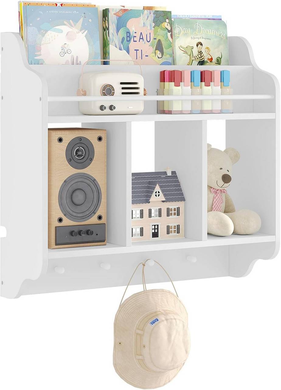 WOLTU Bibliothèque pour Enfants, Étagère Murale, avec 5 Compartiment de Rangement Ouverts et 4 Crochets, Blanc