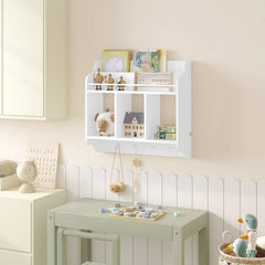 WOLTU Bibliothèque pour Enfants, Étagère Murale, avec 5 Compartiment de Rangement Ouverts et 4 Crochets, Blanc