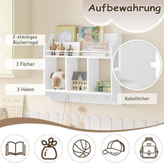 WOLTU Bibliothèque pour Enfants, Étagère Murale, avec 5 Compartiment de Rangement Ouverts et 4 Crochets, Blanc