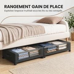 Boîte de Rangement sous Lit à Roulettes, Lot de 2, 40L, Fermeture Éclair, Cadre en Acier, Poignées, 78x44x16cm, Noir