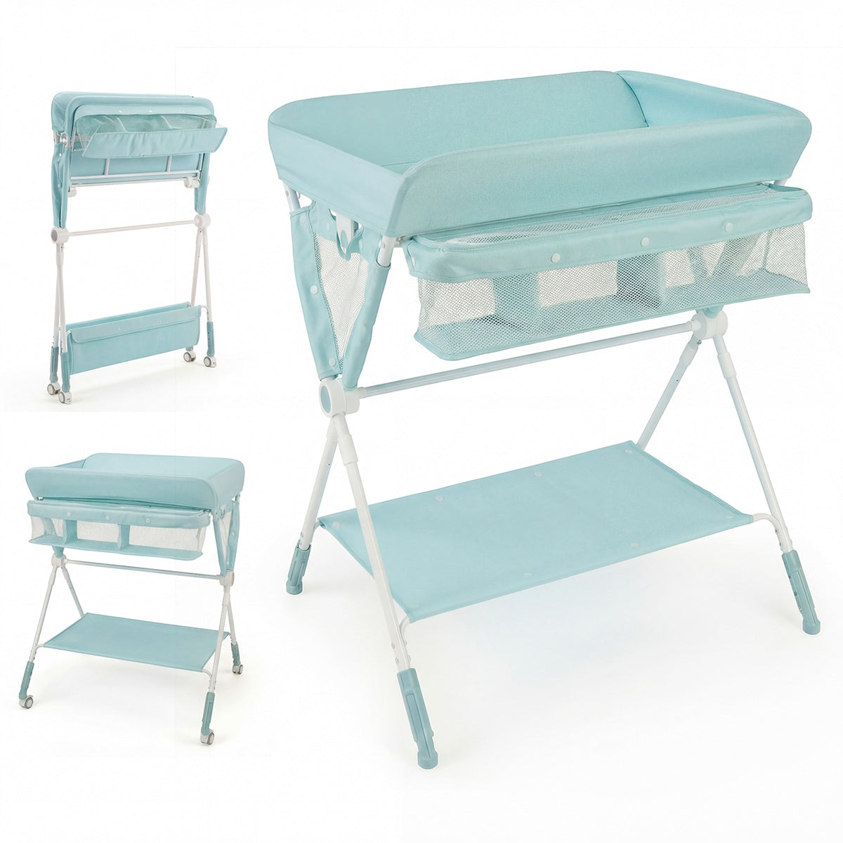 Costway Table à Langer Pliante pour Bébé Table à Langer Portable Réglable en Hauteur sur 5 Niveaux avec Roulettes Étagère et Panier Station Vert