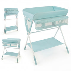 Costway Table à Langer Pliante pour Bébé Table à Langer Portable Réglable en Hauteur sur 5 Niveaux avec Roulettes Étagère et Panier Station Vert