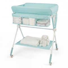 Costway Table à Langer Pliante pour Bébé Table à Langer Portable Réglable en Hauteur sur 5 Niveaux avec Roulettes Étagère et Panier Station Vert
