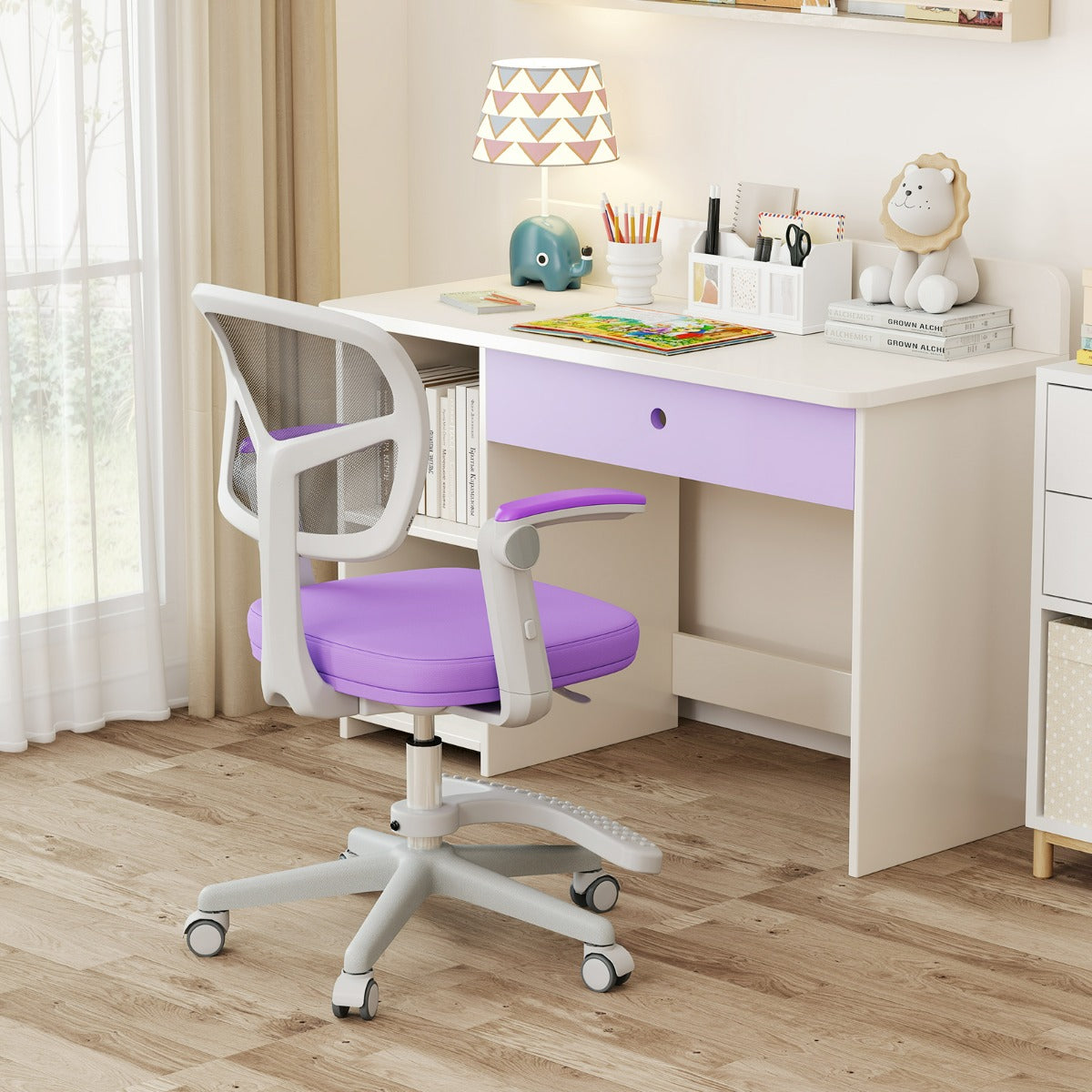 Costway Chaise de Bureau pour Enfants Chaise d'Étude avec Hauteur Réglable Accoudoirs Repose-pieds et Roulettes Universelles pour 3-15 Ans Violet