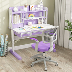 Costway Chaise de Bureau pour Enfants Chaise d'Étude avec Hauteur Réglable Accoudoirs Repose-pieds et Roulettes Universelles pour 3-15 Ans Violet