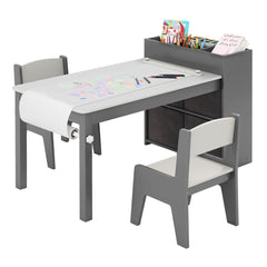 Costway Ensemble Table et Chaises pour Enfants Table à Dessin avec 2 Chaises Support et Rouleau de Papier Rangements Gris