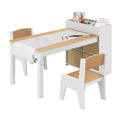 Costway Ensemble Table et Chaises pour Enfants Table à Dessin avec 2 Chaises Support et Rouleau de Papier Rangements Naturel