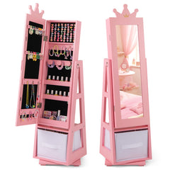 Costway Armoire a Bijoux pour Enfants Miroir sur Pied avec Grande Capacité de Rangement et Base Pivotante Miroir de Courtoisie pour Enfants Rose
