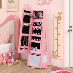 Costway Armoire a Bijoux pour Enfants Miroir sur Pied avec Grande Capacité de Rangement et Base Pivotante Miroir de Courtoisie pour Enfants Rose