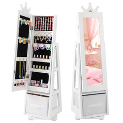 Costway Armoire a Bijoux pour Enfants Miroir sur Pied avec Grande Capacité de Rangement et Base Pivotante Miroir de Courtoisie pour Enfants Blanc