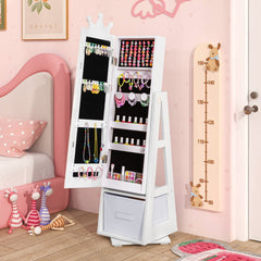 Costway Armoire a Bijoux pour Enfants Miroir sur Pied avec Grande Capacité de Rangement et Base Pivotante Miroir de Courtoisie pour Enfants Blanc