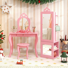 Costway 3 en 1 Armoire à Bijoux Enfants Organisateur de Bijoux avec Miroir Pleine Longueur Anti-Bascule Porte-Vêtements sur Pied Motif Cœur Rose