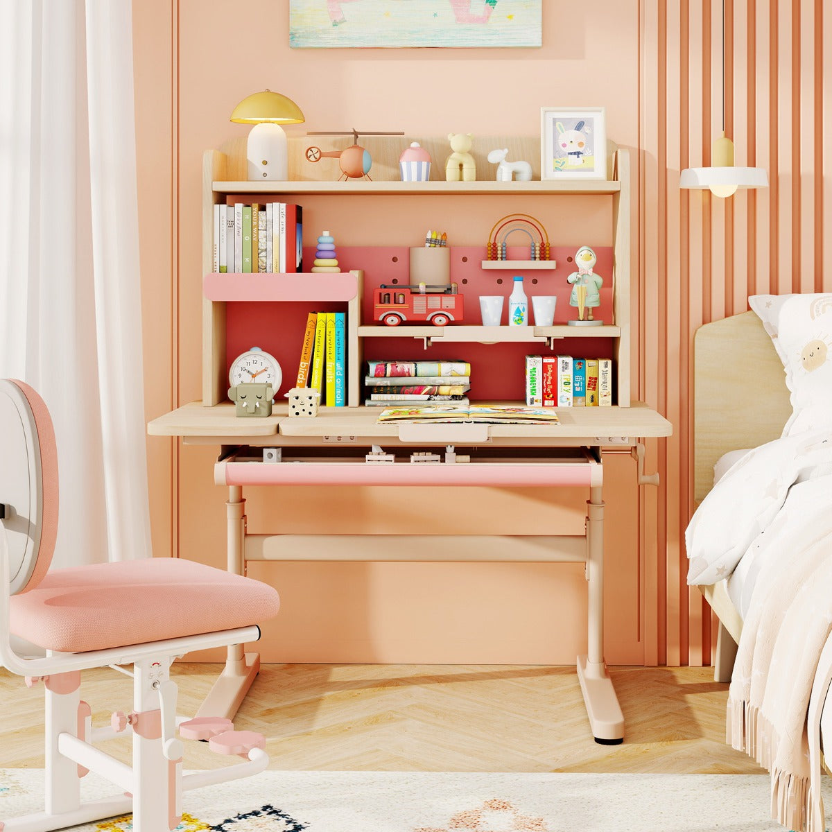 Costway Bureau d'Étude pour Enfants avec Bibliothèque et Tiroir Table d'Écriture Réglable en Hauteur pour Enfants avec Plateau Inclinable Rose