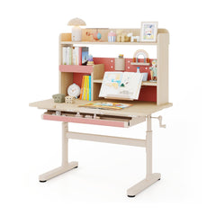 Costway Bureau d'Étude pour Enfants avec Bibliothèque et Tiroir Table d'Écriture Réglable en Hauteur pour Enfants avec Plateau Inclinable Rose
